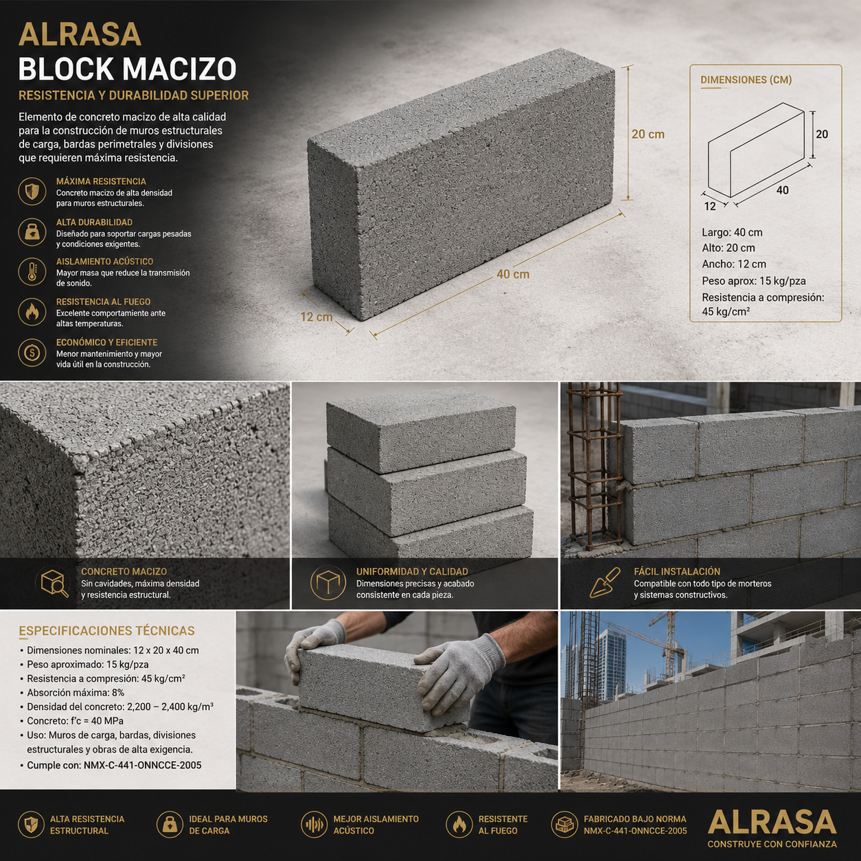 Block Macizo 12x20x40 cm | Máxima Resistencia | Carga Pesada | Alrasa